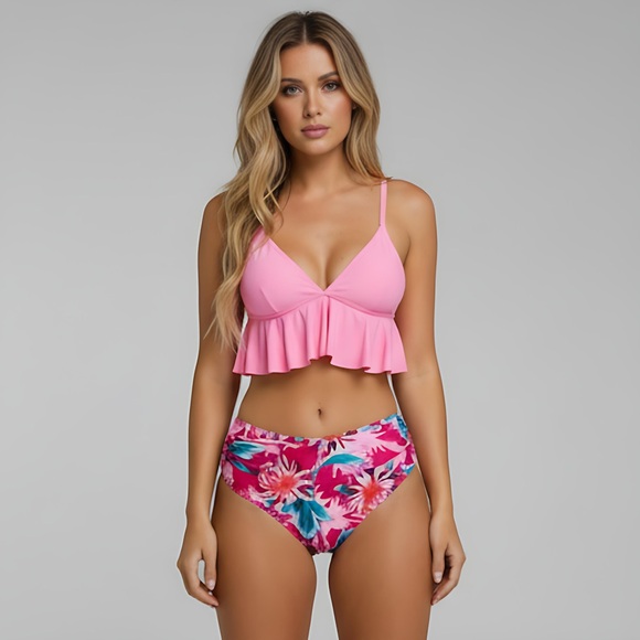 Other - Pink Floral Ruffle Hem Ruched 2pc Bikini Swimsuit Bathing Suit